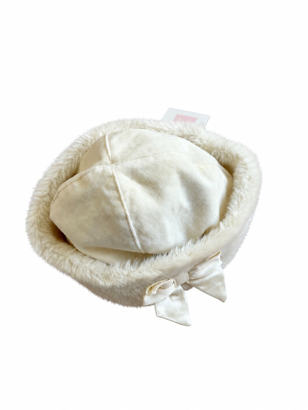 Janie and Jack Baby Girls Ivory Faux Fur Trim Bow Hat 6–12 Months